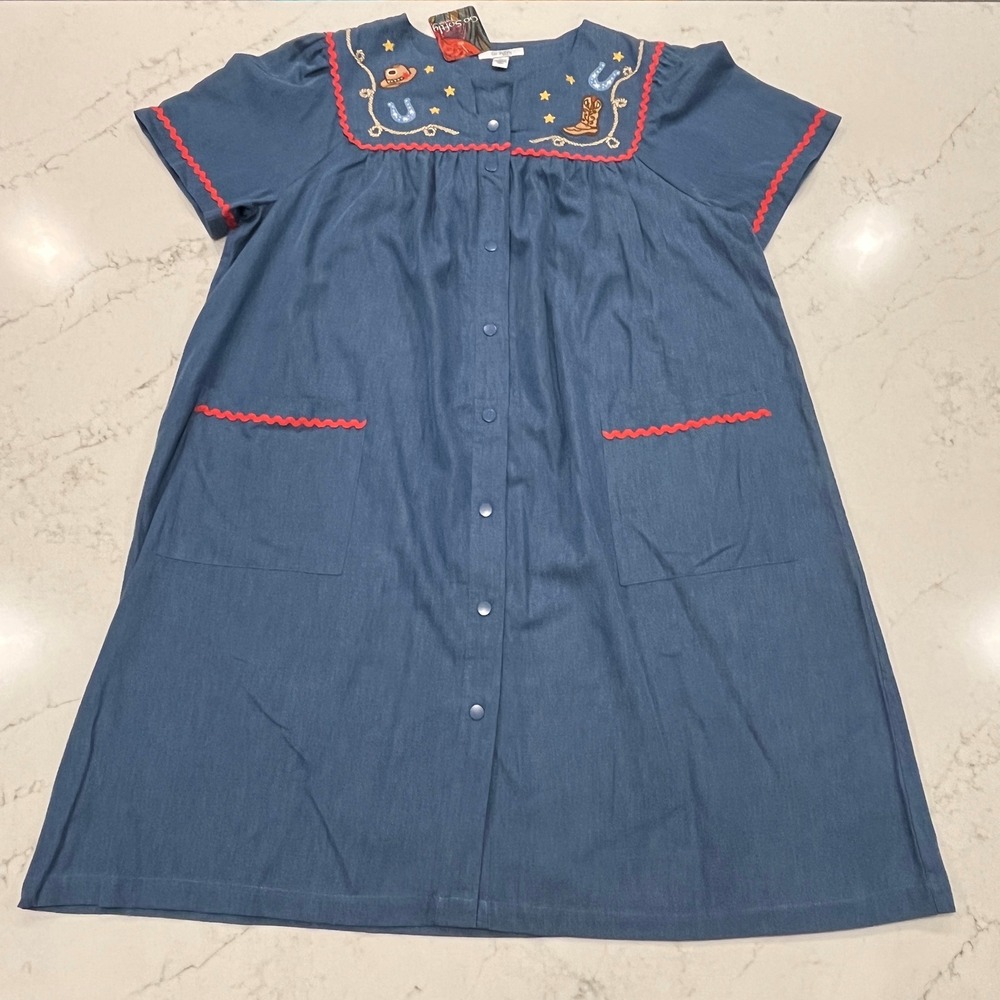 Go Softly NEW Cotton Chambray Patio House Dress Muumuu Embroidered Cowgirl XL